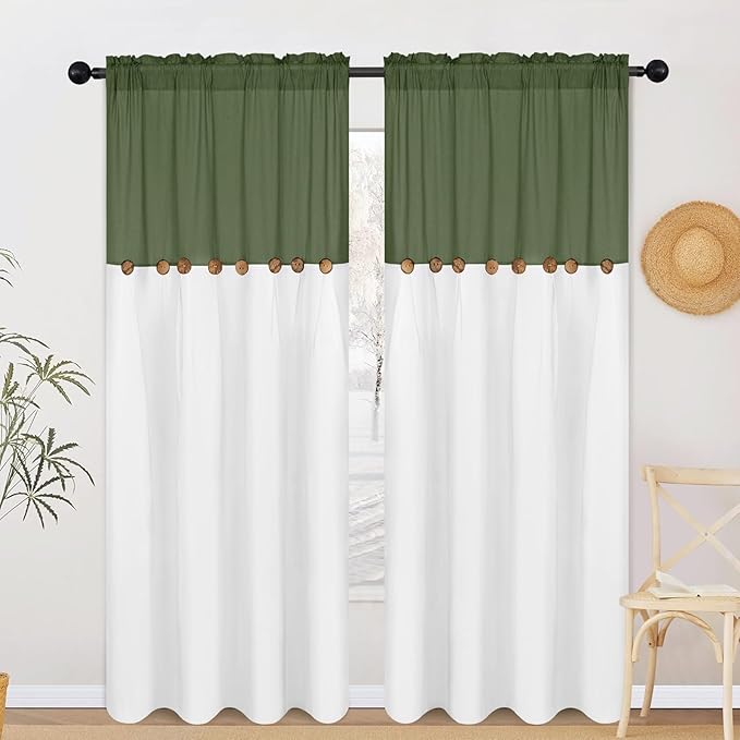 FRAMICS Farmhouse Cotton Linen Curtains for Living Room, Rustic Button Curtains 84 Inch Length 2 Panels, Boho Linen Window Curtain for Bedroom Rod Pocket Drapes, 52 x 84 Inch, Olive Green and White