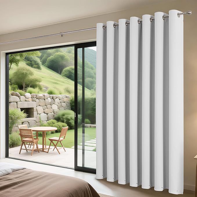 Joydeco Blackout Patio Sliding Door Curtains 72 Inches Long, Grommet Privacy Room Divider Curtains, Extra Wide Thermal Blackout Drapes for Bedroom Living Room (Greyish White, 60Wx72L, 1 Panel)