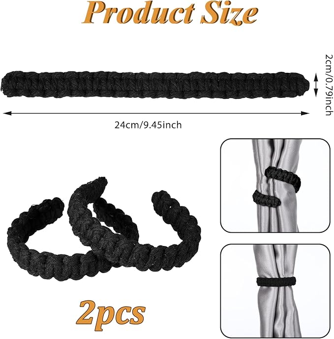 Ptwola 2 Pack Braided Curtain Tiebacks Boho Elegant Rustic Curtain Holdbacks Tie Backs Holders Set Simple Light Weight Drapes Decorative Accessories Handmade for Home Office Bedroom Window (2, Black)