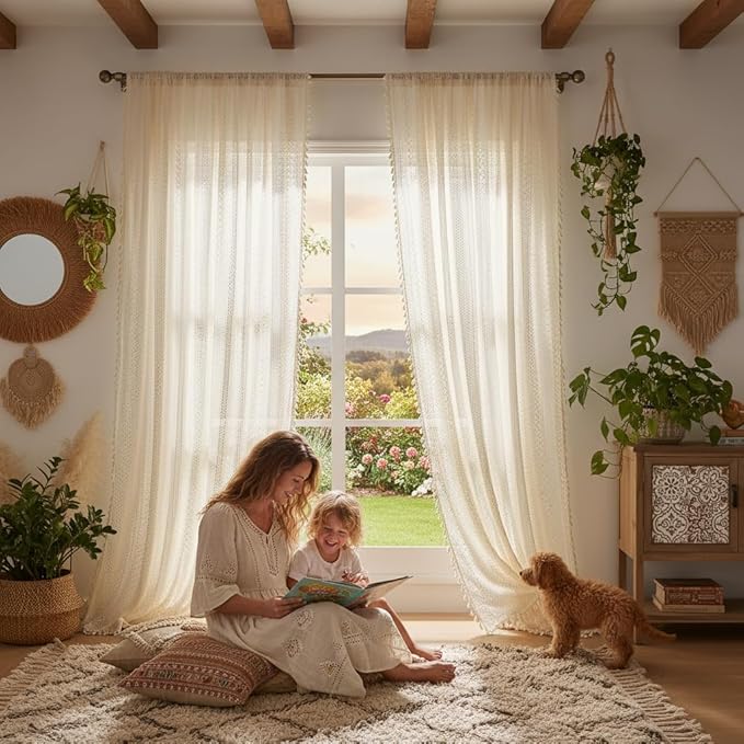 WAZZIO Boho Crochet Curtains for Living Room Lace Curtains 84 Inches Long 2 Panel, Rod Pocket Vintage Tassel Bohemian Decor Geometry Striped Light Filtering Semi Sheer Curtain Drapes for Bedroom,Beige