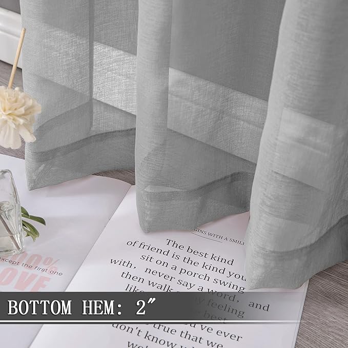 Tollpiz Sheer Curtains Living Room Linen Textured Curtain Sheers Light Filtering Voile Rod Pocket Curtains for Bedroom, 38 x 63 inches Long, Silver Grey, Set of 2 Panels