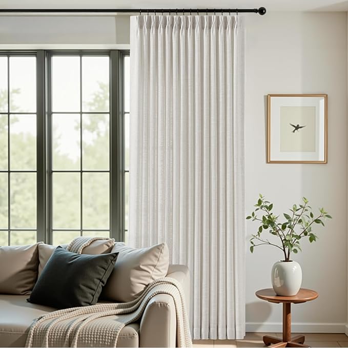 IVAPUPU Pinch Pleated Linen Curtains 102 Inches Long 2 Panels for Living Room, Light Filtering Memory Train Semi Sheer Curtain Pleated with Hooks Rings Back Tab Drapes for Bedroom, 40w, Beige White