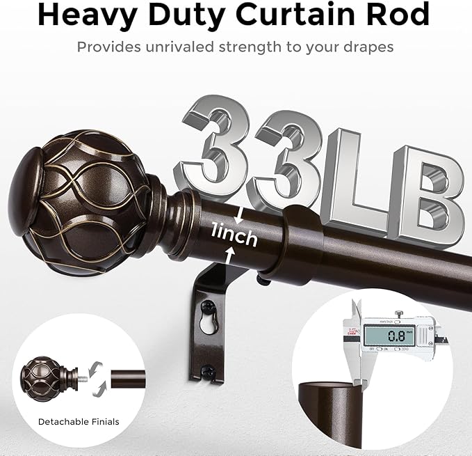 Bronze Curtain Rod, Heavy Duty 1 Inch Decorative Curtain Rods for Windows 30 to 56 Inch, Single-Side Adjustable Vintage Rustic Antique Brown Drapery Pole with Netted Texture Finials