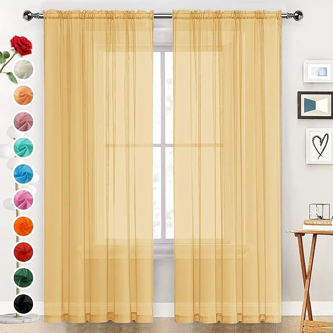 SpaceDresser Basic Rod Pocket Sheer Voile Window Curtain Panels Gold 1 Pair 2 Panels 52 Width 63 Inch Long for Kitchen Bedroom Children Living Room Yard（Gold, 52W x 63L）