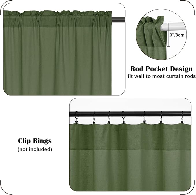 FRAMICS Farmhouse Cotton Linen Curtains for Living Room, Rustic Button Curtains 84 Inch Length 2 Panels, Boho Linen Window Curtain for Bedroom Rod Pocket Drapes, 52 x 84 Inch, Olive Green and White