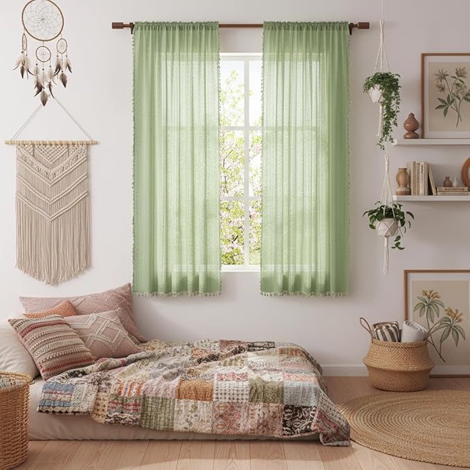 WAZZIO Boho Lace Curtains 63 Inches 2 Panel,Light Filtering Privacy Tassel & Geometry Crochet Semi Sheer Curtain Drapes for Bedroom Living Dining Room,Rod Pocket & Tassel,Grass Green
