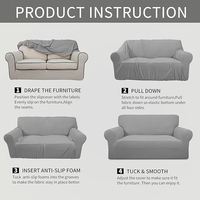 Easy-Going Stretch Loveseat Slipcover 1-Piece Sofa Cover Furniture Protector Couch Soft with Elastic Bottom for Kids Polyester Spandex Jacquard Fabric Small Checks (Loveseat, Light Gray)