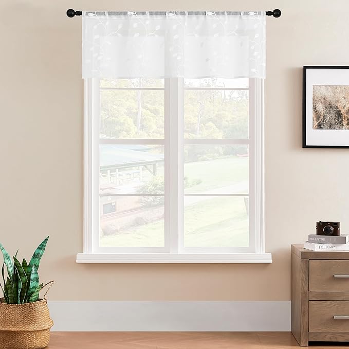 MRTREES Sheer Valance Curtain, 2 Panels Christmas Sheer Curtains Valances Rod Pocket, Voile Leaves Embroidered Topper Curtains for Bedroom Living Room Window Treatment(White Leaves, 54x16 Inches)