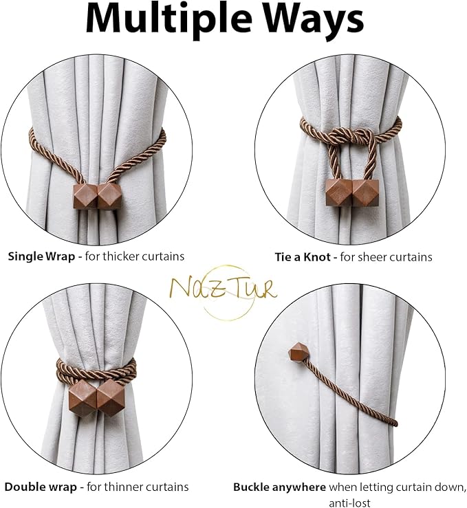NazTur Magnetic Curtain Tiebacks- Upgrade 2022 with a Thicker Twist Rope & Strong Magnet Tieback Window Treatment Holdbacks Draperies Holders Decorative Drape Handmade Tie Back (Coffee Dark, 4)