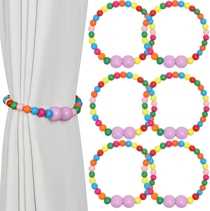 KLOGTSIND Magnetic Curtain Tiebacks, 6 Pack Curtain Holdbacks for Draperies, Wood Bead Curtain Tiebacks, Elegant Curtain Tie Backs for Bedroom Decor, Boho Room Decor, Nursery Decor, Farmhouse Décor