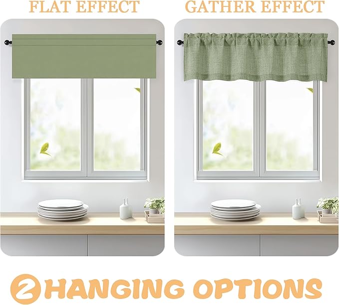 OWENIE Sage Green Valances for Windows 1 Pcs 22 Inch Length, Light Filtering Textured Short Small Valance Curtains for Bathroom Basement Living Room, Half Window Curtains Over Sink, 60" W by 22" L