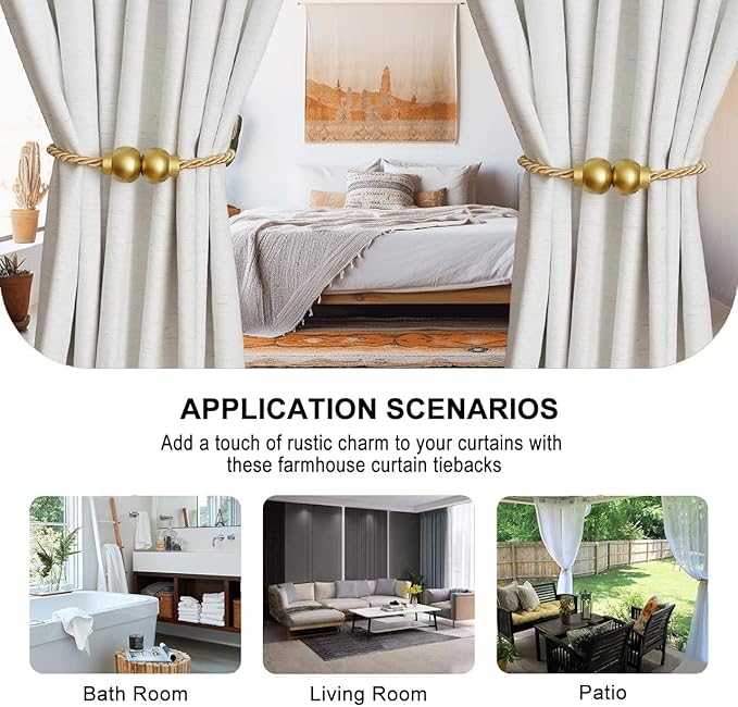 4 Pack Magnetic Curtain Tiebacks Modern Handmade Rope Curtain Tie Backs Decorative Drapes Weave Holdbacks for Home Outdoor Bedroom Office Decorative Curtain, Gold