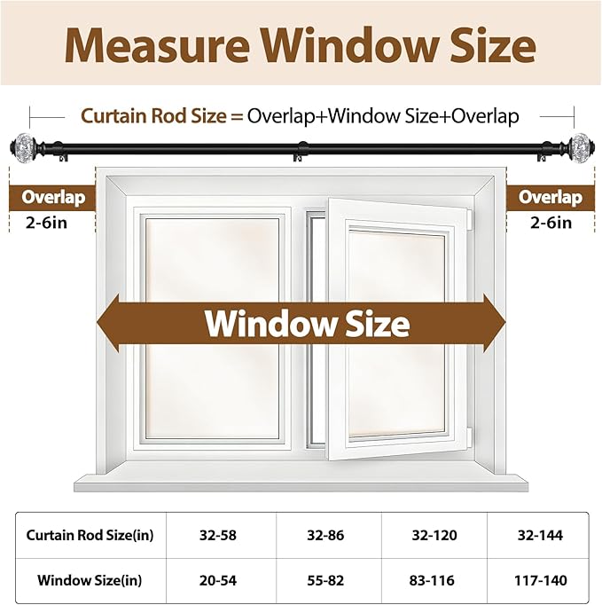 Black Curtain Rod, USFOOK 7/8 Inch Curtain Rods for Windows 72 to 144 Inch, Telescoping Splicing Drapery Rods 32 to 144 Inch, Decoration for Home with Decorative Translucent Finials
