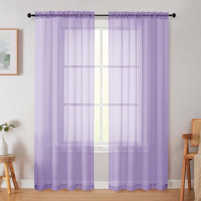 Lavender Sheer Curtain for Bedroom Living Room 72 Inches Long 2 Panels Set, Solid Soft Airy Light Filtering Sheer Window Curtains, Modern Rod Pocket Door Curtain, Lavender, 42"Wx72"L Inches