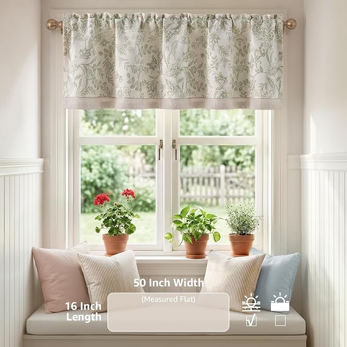 jinchan Linen Valance Curtain Farmhouse Floral Printed Small Window Curtain for Kitchen Rustic Country Light Filtering Valance for Living Room Bedroom 16 Inch Rod Pocket 1 Panel Sage Green on Beige