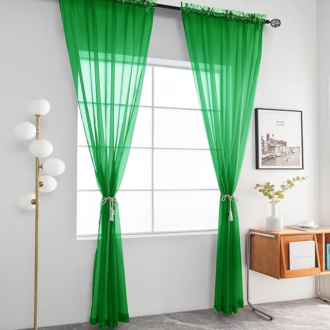 youleyar Solid Sheer Rod Pocket Curtain Voile Draperies 2 Panels White Beige Black Grey Coffee 52 Inch Width 96 Inch Long 1 Pair for Kitchen Bedroom Children Living Room Yard (Green,52Wｘ96L)