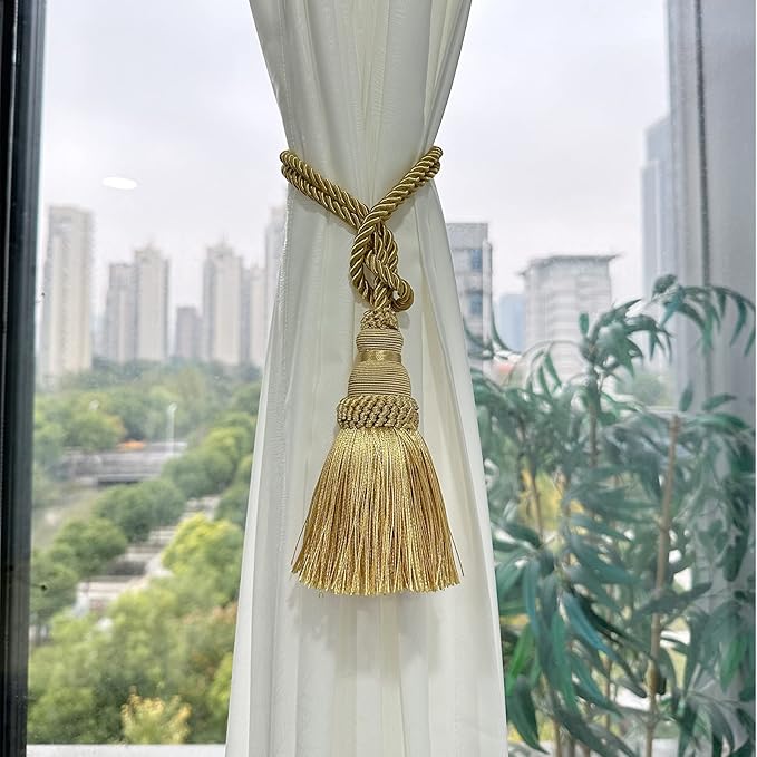 Fenghuangwu 4 Pack Curtain Tie Backs Rope Tassels for Curtains Drape tiebacks Handmade Outdoor Home and Outdoor Decorative (Gold, 4p)