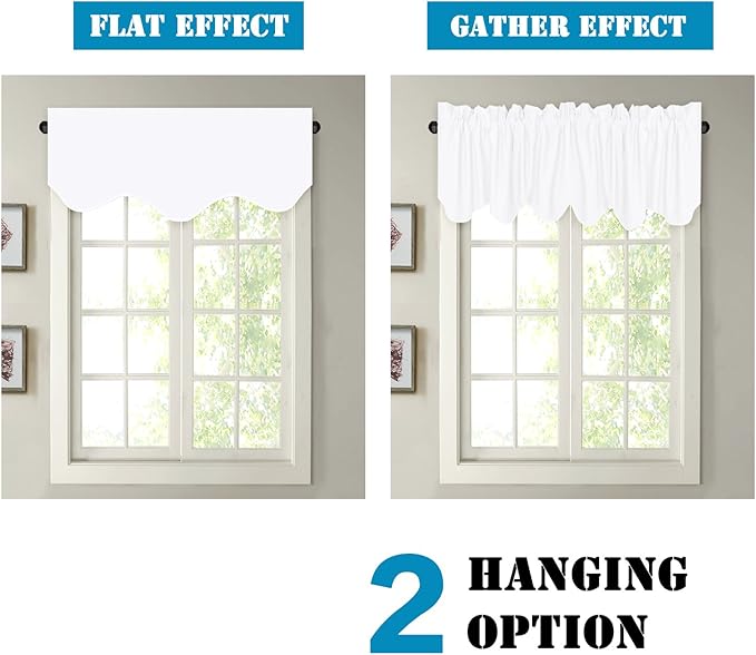 H.VERSAILTEX 4 Panels Blackout Curtain Valances for Kitchen Windows/Living Room/Bathroom Privacy Protection Rod Pocket Decoration Scalloped Window Valance Curtains, 52" W x 18" L, Pure White