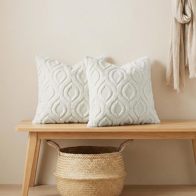 decorUhome Throw Pillow Covers 18x18 Inch Set of 2, Soft Plush Faux Wool Cream White Solid Couch Pillow Covers, Accent Farmhouse Neutral Square Pillow Cases for Sofa Bed Living Room