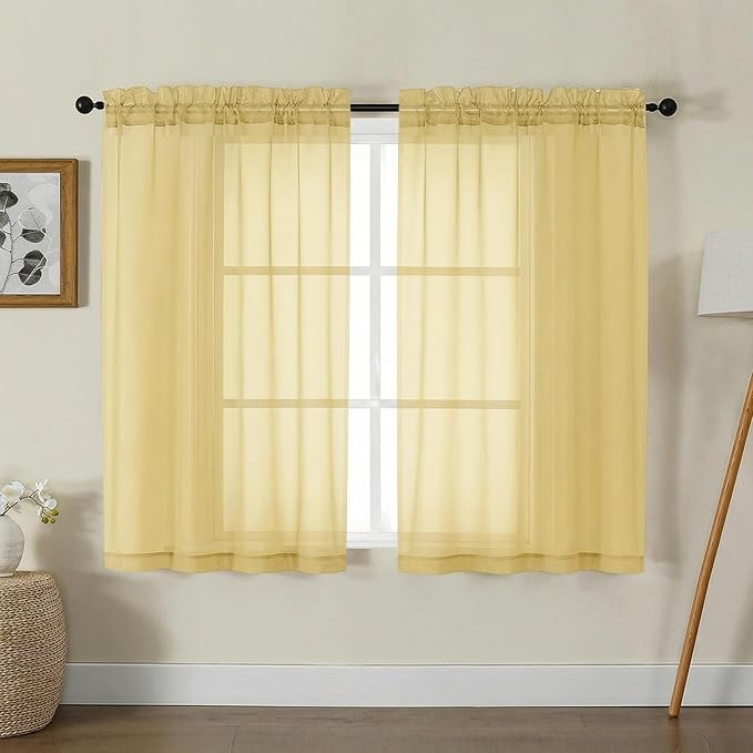 Gwine Sheer Curtains for Living Room 45 inch Length - Light Filtering Voile Window Curtain Panels for Bedroom, Soft Rod Pocket Sheer Curtain Drapes, Each 42Wx45L, 2 Panels, Yellow