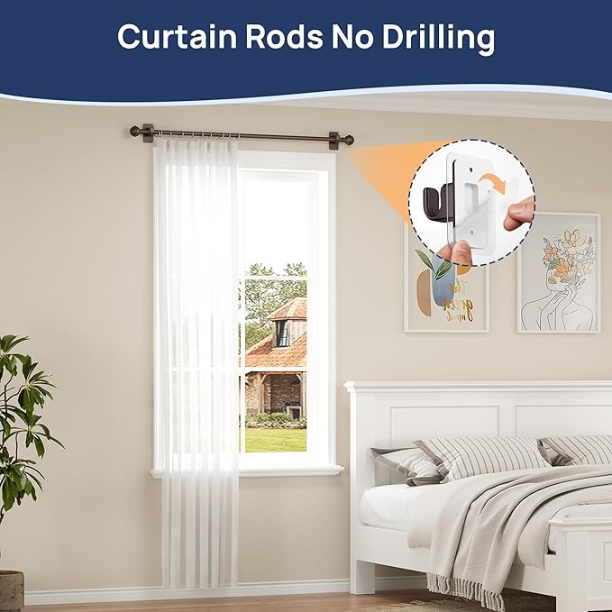 ENJOYBASICS No Drill Curtain Rods for Window 28 to 47 Inches, 5/8 Inch Diameter Renter Friendly Drapery Rod with Adhesive Brackets without Drilling, Adjustable from 27 to 52 Inches, Bronze