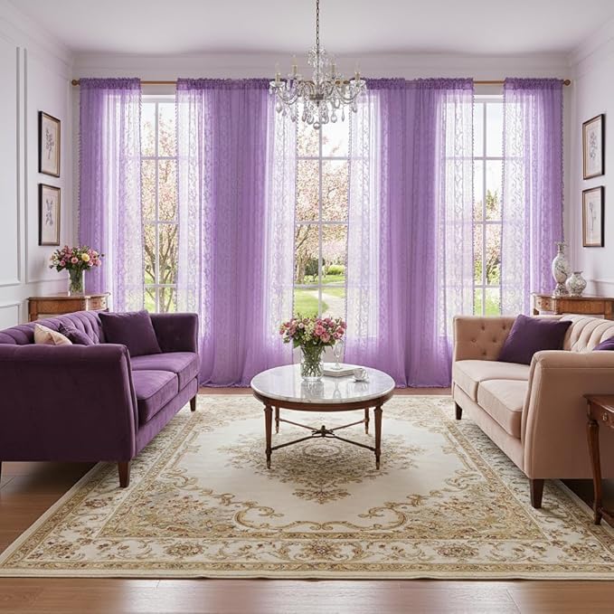 WAZZIO Boho Lace Curtains 84 Inch 2 Panels -Sheer Panel Drape Floral Pattern & Tassel Light Filtering Privacy for Bedroom Dining Living Room,Lilac Girl Women House Decor,Lavender Purple,W52 x 84L