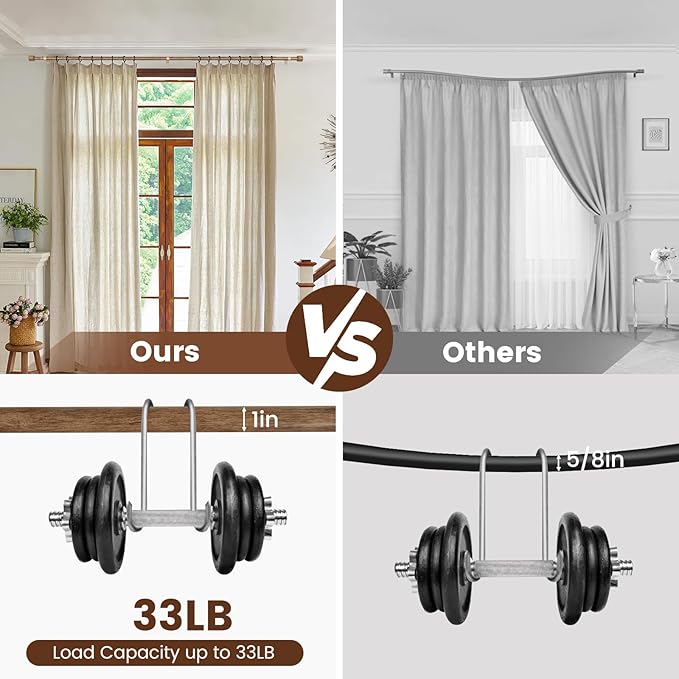 1” Diameter Curtain Rods Itself is 30 to 144 inch 2 Pack Fit 30-142 inch, 66 to 120 inch Window with Heavy Duty Adjustable Rod Matte Wood Grain Splicing Metal Extra Long Curtain Rod for Windows
