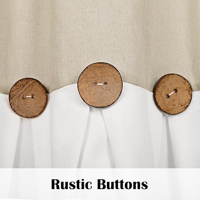 FRAMICS Farmhouse Valance Curtains, Boho Cotton Linen Kitchen Valance, Rustic Button Window Valances, Country Rod Pocket Valances for Windows Bedroom, Semi-Circular, Linen and White, 52 x 18 Inch