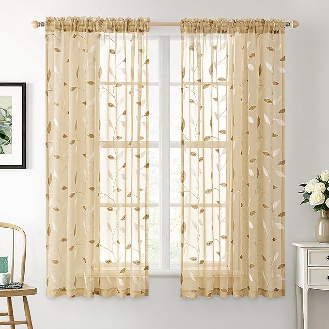 MIULEE Khaki Sheer Curtains 2 Panels Embroidered Leaf Patterned Rod Pocket Floral Semi Sheer Faux Linen Short Window Curtains Drapes Set for Kitchen Living Room Bedroom, 52x54 Inches Length