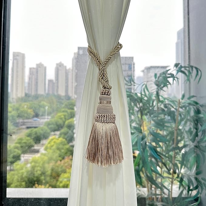 Fenghuangwu 4 Pack Curtain Tie Backs Rope Tassels for Curtains Drape tiebacks Handmade Outdoor Home and Outdoor Decorative (Khaki, 4p)