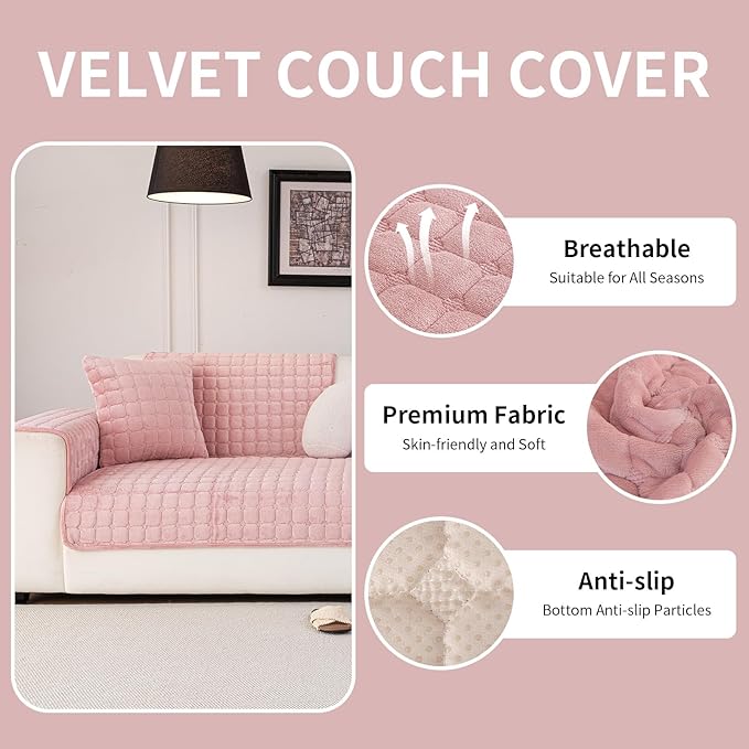 Velvet Couch Cover, Washable Sectional Sofa Cover, Anti Slip Sofa Slipcover for 3 Cushion Couch Sofa L Shaped Armrest Backrest, Furniture Protector Covers for Pets Kids(1PC,Pink,36"×63")