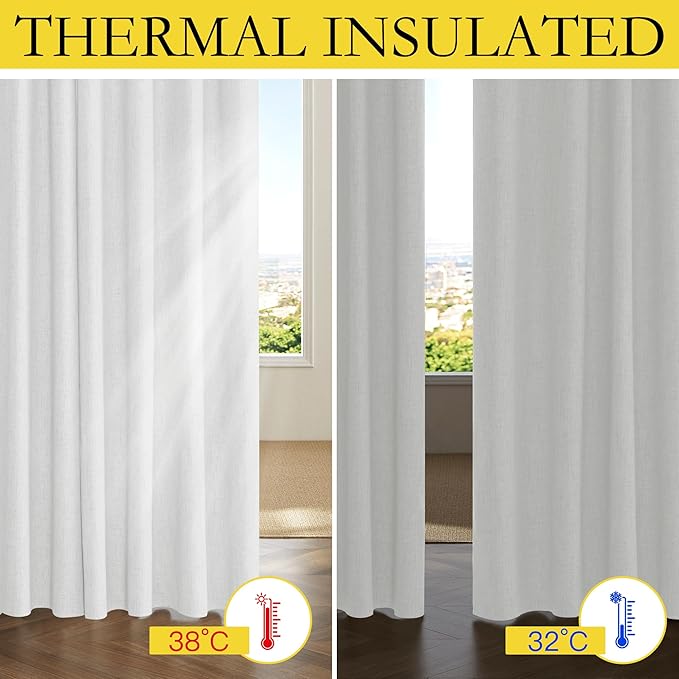 NICETOWN 100% Absolutely Blackout Linen Curtains with Thermal Insulated Liner, Greyish White, 62" Wide, 102" Length Energy Saving Curtains for Living Room 2 Panels Set, Vertical Blinds