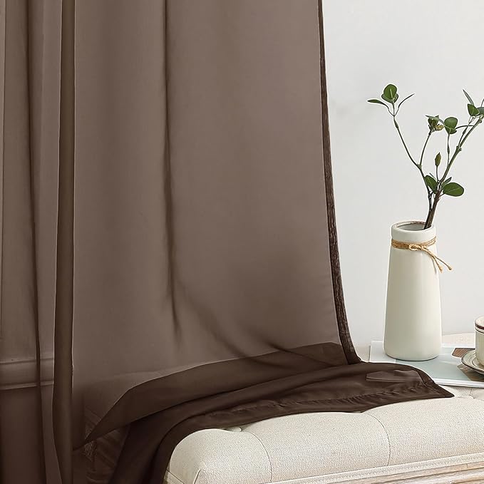 MIULEE Short Chocolate Brown Sheer Curtains 45 Inches Long, Light Filtering Voile Drapes with Rod Pocket for Bathroom Windows, Small Window Treatments, 2 Panels Set