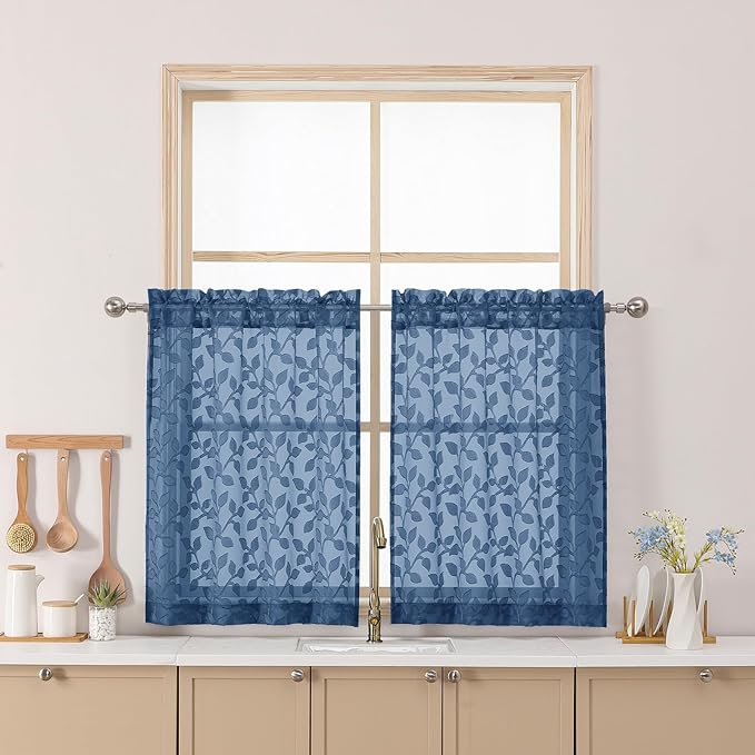 Chyhomenyc Dusty Blue Sheer Curtains 30 Inch Length, Light Filtering Leaf Tufted Textured Small Window Kitchen Curtain Over Sink, Short Half Window Curtains for Bathroom Basement, 30"Wx30"L, 2 Panels