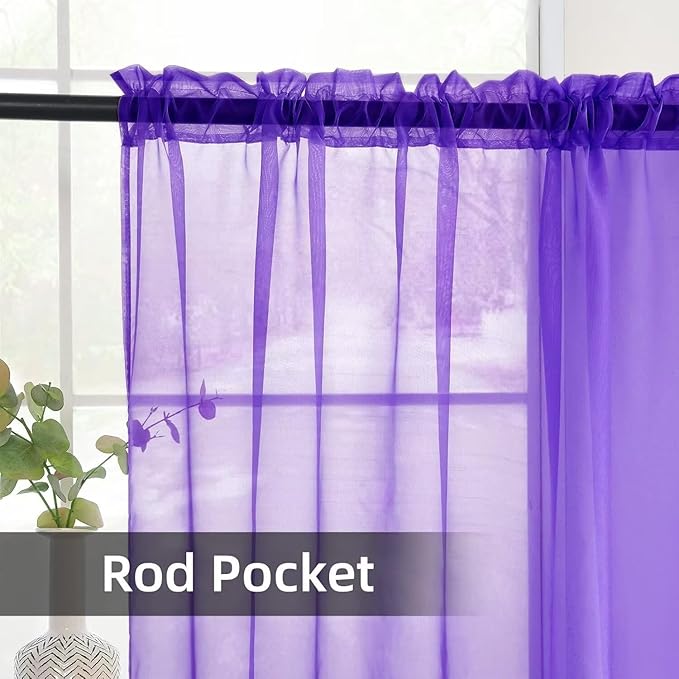 youleyar Solid Sheer Rod Pocket Curtain Voile Draperies 2 Panels White Beige Black Ivory Coffee 22 Inch Width 30 Inch Long 1 Pair for Kitchen Bedroom Children Living Room Yard(Purple,22W x 30L)