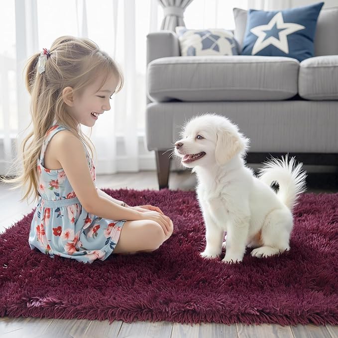 8x10 Area Rugs for Living Room Bedroom, Large Area Rug Shaggy Carpet Soft Plush Furry Bedside Rug, Rugs for Home Decor (Burgundy, 8 x 10)