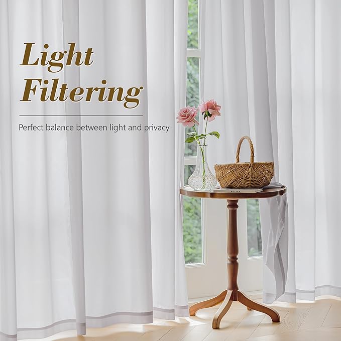 FMFUNCTEX Sheer Non-See-Through Grey Curtains for Bedroom, Faux Silk that Let Light Curtains 96 inches Long Light Filtering Privacy Sheer Window Drapes for Living Room, Rod Pocket 2 Panels Set