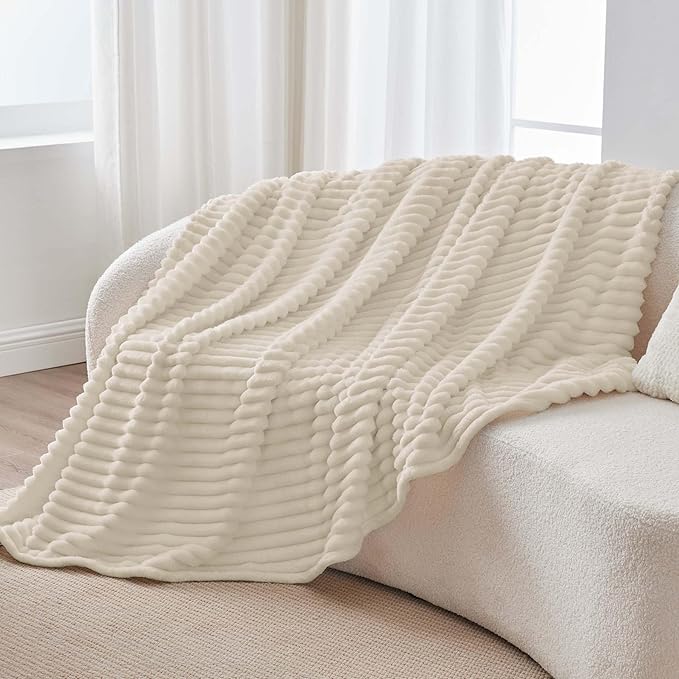 BEDELITE Fleece Throw Blanket for Couch - 300GSM Soft & Warm Fluffy Beige Blanket, Decorative and Giftable Striped Blankets for Women, Men, 50"x70"