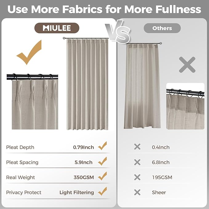 MIULEE Pinch Pleated Thick Linen Curtains 102 Inches Long 2 Panels for Living Room Bedroom, Linen Textured Drapes Pleat Back Tab Memory Trained Light Filtering Boho Taupe Window Curtains with Hooks