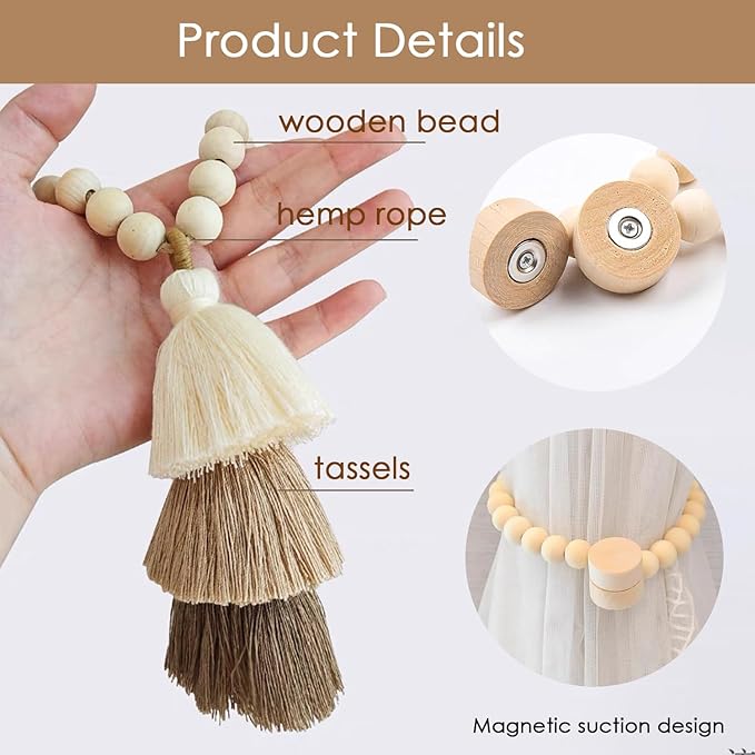 SRG Handmade Magnetic Wooden Bead Curtain Tiebacks 2 PCS | Simple Elegant Magnetic Tassel Curtain Tie Backs | Accessories Wall Decoration | Drapery Tiebacks for Bedroom Window Treatment