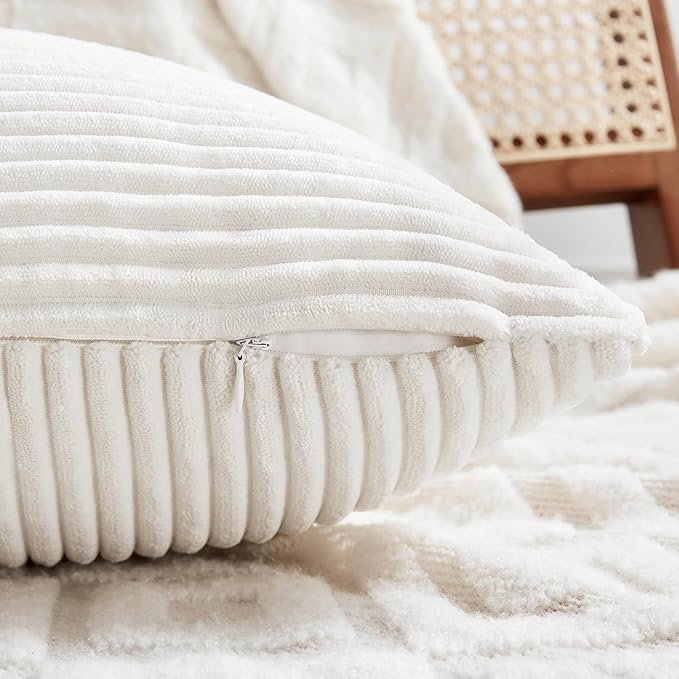 Fancy Homi 2 Packs Cream White Lumbar Decorative Throw Pillow Covers 14x24 Inch for Couch Bed Sofa, Rustic Farmhouse Boho Home Decor, Soft Striped Corduroy Rectangle Accent Cushion Case 35x60 cm