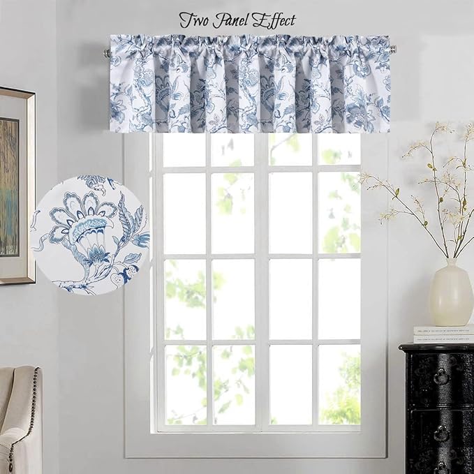 H.VERSAILTEX Blackout Curtain Valances for Kitchen Window/Living Room/Bathroom Privacy Added Rod Pocket Home Decoration Winow Valance, 52" W x 18" L, Floral in Storm Blue (Pack of 4)