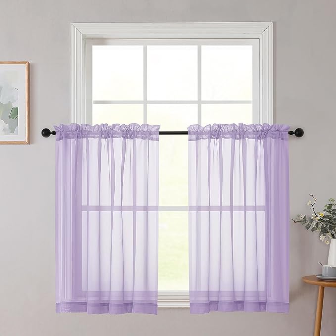 Cafe Curtains 36 Inch Length Tier 2 Pieces, Modern Soft Airy Sheer Kitchen Short Curtains for Small Window, Rod Pocket Small Curtain for Bathroom Basement, Lavender, Each, 42" Wx36 L Inches