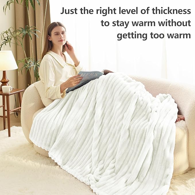 HIMEET Off White Ribbed Throw Blanket for Couch - 300GSM Lightweight Soft Fleece Blanket for Women, Cozy Blankets for Mothers Gifts, Striped Spring Home Room Decor, Off White, 50x60 Inches