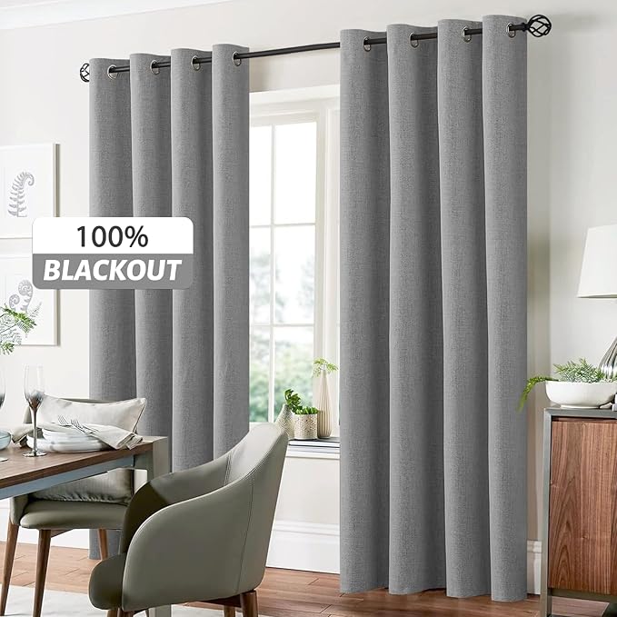 Yakamok Dove Grey Linen Curtains 100% Blackout 72 Inches Long,Room Darkening Textured Curtain for Living Room Thermal Grommet Bedroom Curtains 2 Panels with Greyish White Liner