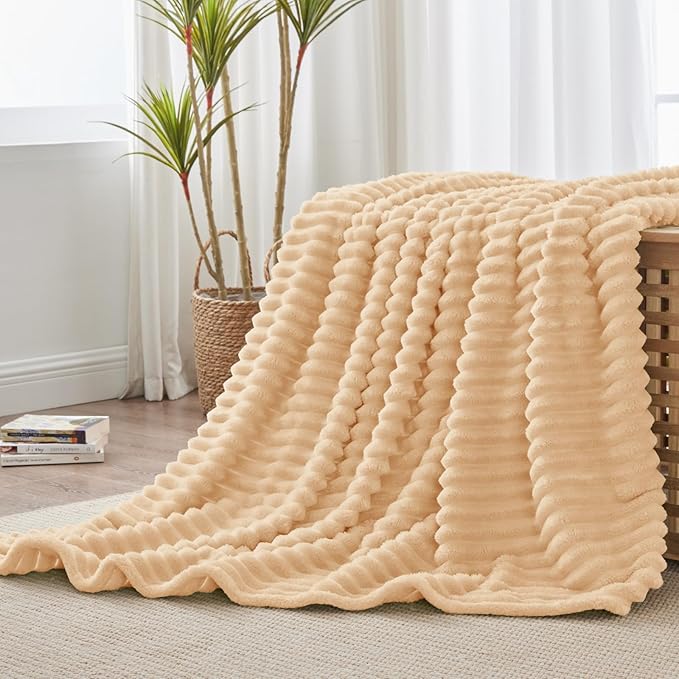 BEDELITE Fleece Throw Blanket for Couch - 300GSM Soft & Warm Fluffy Blush Sand Blanket, Decorative and Giftable Striped Blankets for Women, Men, 50"x60"