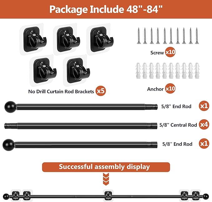 Curtain Rods No Drilling for Windows 48 to 84-96 Inch,5/8 Inch Diameter Drapey Pole with No Drill Curtain Rod Brackets,Renter Friendly Cortineros Para Ventanas with Adhesive Holder Black