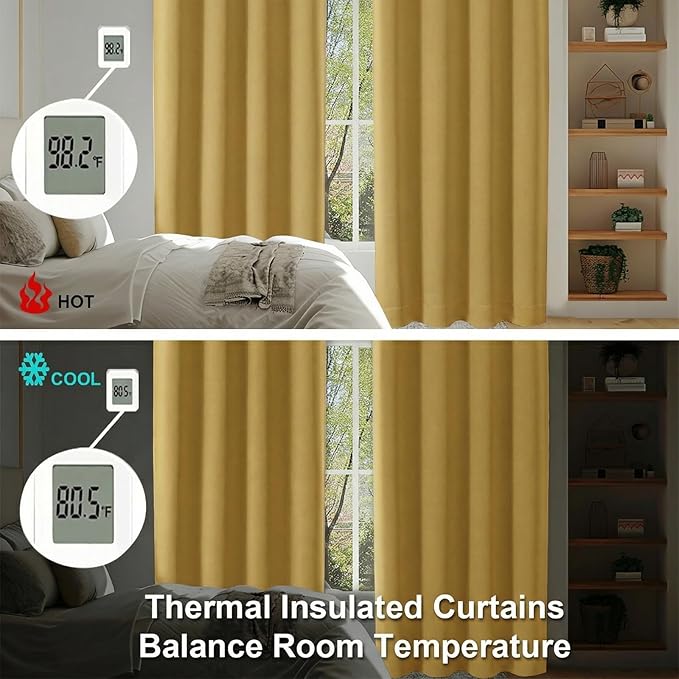 Simplebrand Bright Gold Blackout Curtains for Bedroom 96 Inches Long 2 Panels, Solid Thermal Insulated, Energy Saving Living Room Window Treatment Curtains Blackout Drapes, W50 x L96 Inch, Bright Gold