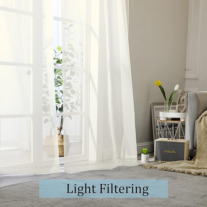 OWENIE Sheer Curtains 108" inches Long, 2 Panels Sheer Curtain Set, Rod Pocket Voile Drapes for Living Room, Airy Soft-Touching Drapes, 2pcs, Each 42" W x 108" L, Ivory