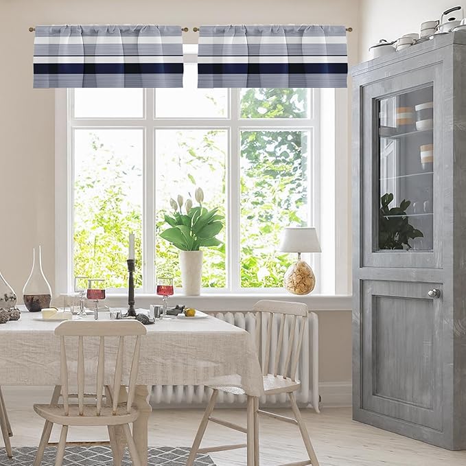 Emvency 2 Pack Valances Window Treatments, Striped Navy Nautical Minimalist Coastal Geometric Drapes Adjustable Curtain for Windows Living Room Kitchen Over Sink, 52x18 Inch Rod Pocket Valances